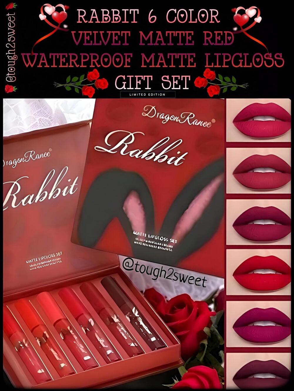 🆕️RABBIT 6 COLOR VELVET MATTE RED WATERPROOF LIPGLOSS GIFT SET~BEAUTIFUL GIFT!